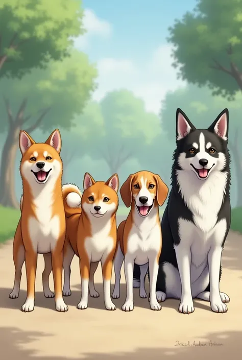 make four dogs next to each other. Two shiba inu, a female and a male. Next to them make a gray and white border collie, and next to the border collie a beagle