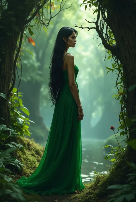 Woman with long black hair with serious face wearing a green dress standing at the mouth of the forest