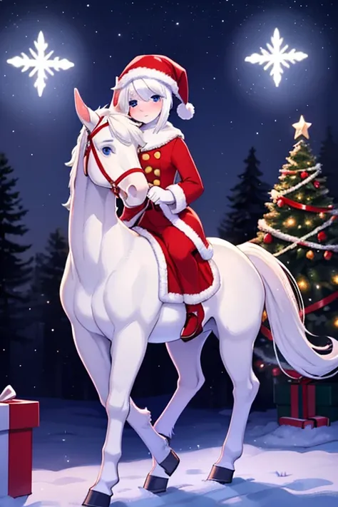 Pure white mare and foal　Thoroughbred parent and child　white christmas night　A pure white horse dressed as Santa Claus　Foal dressed as Santa Claus　Horse parent and child　A pure white horse wearing a Santa Claus costume　Christmas Cake　Christmas tree　illumin...