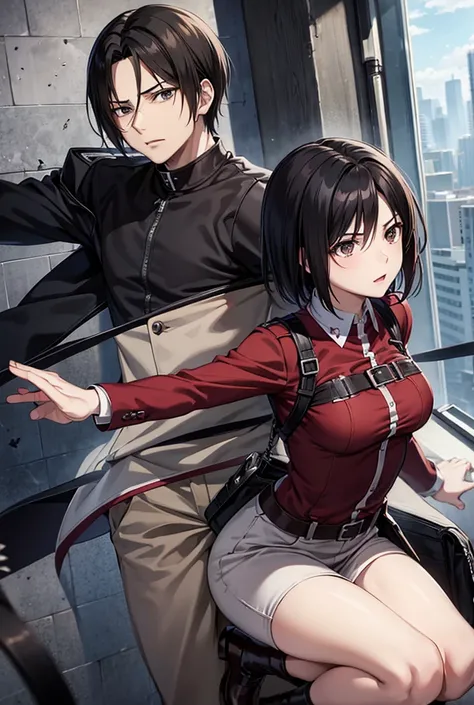 Levi Ackerman and Mikasa Ackerman from Attack on Titan High ResolutionMasterpiece, breasts, PLANO AMERICANO, lines of movement, black eyes 