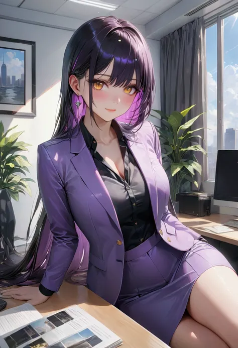 Long smooth straight black hair, inner colored dark-purple hair, golden eyes,sitting in office suit, masterpiece, super detail, best quality, 8k,realistic