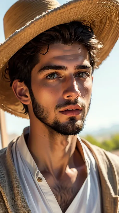 A realistic portrait of a nineteen-year-old Arabian Muslim boy with a beard, wearing a jubba, pale skin, and an ultra-detailed face and eyes (1.3). The boy has beautiful lips and a serene expression as he returns from the garden of his house with a basket ...