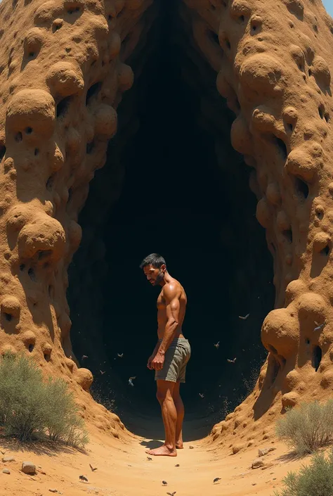 A man stands and urinates in a large termite nest.