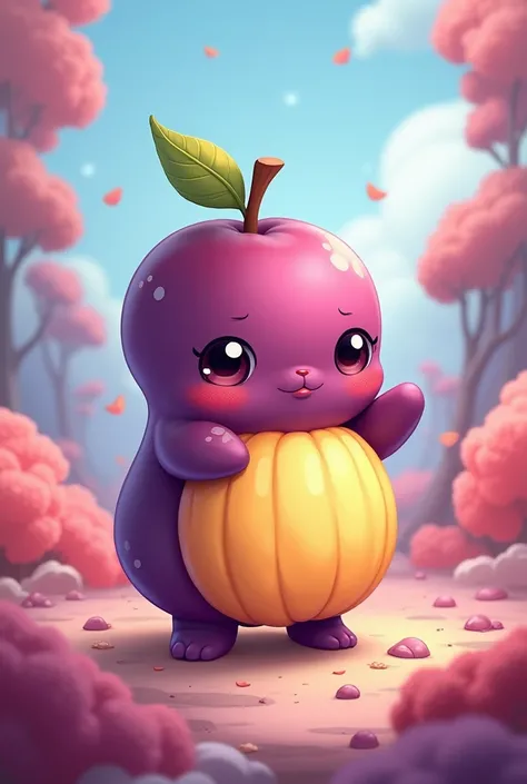 A cute small humanoid creature with plum fruit components, whimsical fantasy style, vibrant colors, and chibi vector anime art style. The creature sas purple and yellow as its components. 2D Vector art style.
