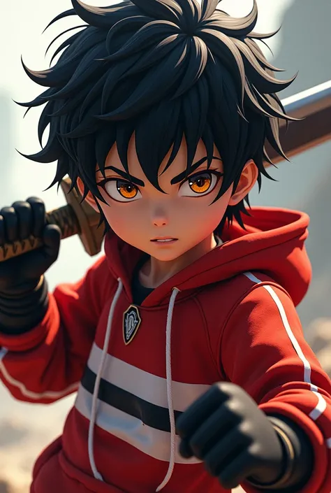 Black haired boy with red striped sweatshirt orange eyes sword on back and black gloves