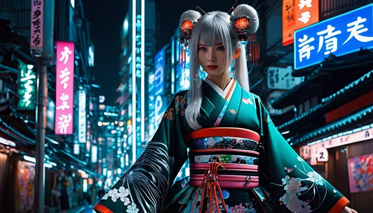 (high quality), (masterpiece), (detailed), 8k, Ultra-realistic digital illustrations depict (Japanese Heroine 1.3) Decorated (Futuristic Kimono 1.2) and (Neon Accents 1.2) and (Exquisite Armor 1.2). she (Long silver hair 1.2) Flowing like a moonlit river, ...