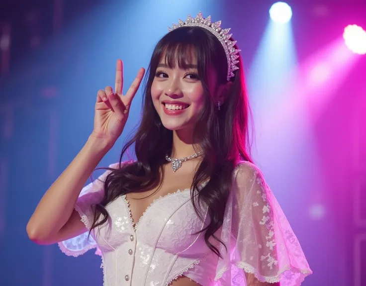 Very high quality photo, very high resolution raw photo, Japanese female idol wearing a lace stage costume and giving a peace sign to the camera. She is 1 and has a cute face and eyes that will captivate your heart. His big smile is impressive. The colorfu...