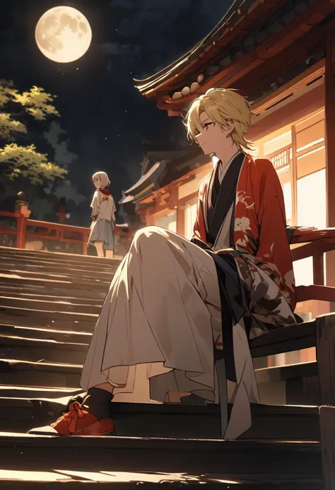 night,A blonde man is sitting on the stairs and looking in the direction,Beautiful Youth,nightの神社,moon