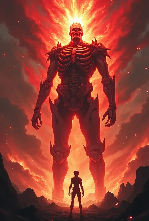 Eren Yeager with a badass look turns into Skeleton Armor Titan Red Susanoo High Details, Accurate, Anatomically Correct, Lens Flare, 