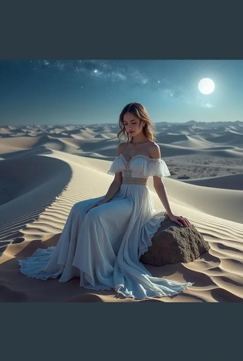 A beautiful woman sits gracefully on a rock in the middle of a vast desert. The sand dunes stretch far into the distance, and the moonlight casts a soft, magical light around her, illuminating the ethereal scene. Her delicate features and flowing dress tak...