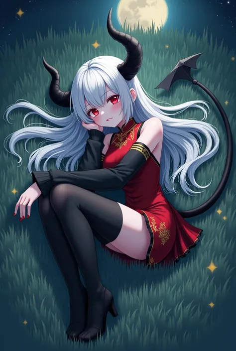 An anime demon girl laying on the grass in a fetal position at night. She has black horns and tail,pale skin,long white silky hair and big scarlet eyes and full Red lips. Her hourglass figure Is wearing a short red chinese dress with Golden details,black t...