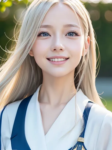 Beautiful young woman of 20 years old、Long, shiny platinum blonde hair that reflects the light, wear (Hinatazaka46 uniform:1.5), (Bright and beautiful smile:1.25), Perfect and glowing skin, Big, clear blue eyes,(Droopy eyes,Balanced left and right eyes:1.2...