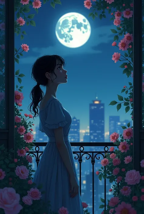 A sad girl stand in her balcony full of flowers 
look at the moon 