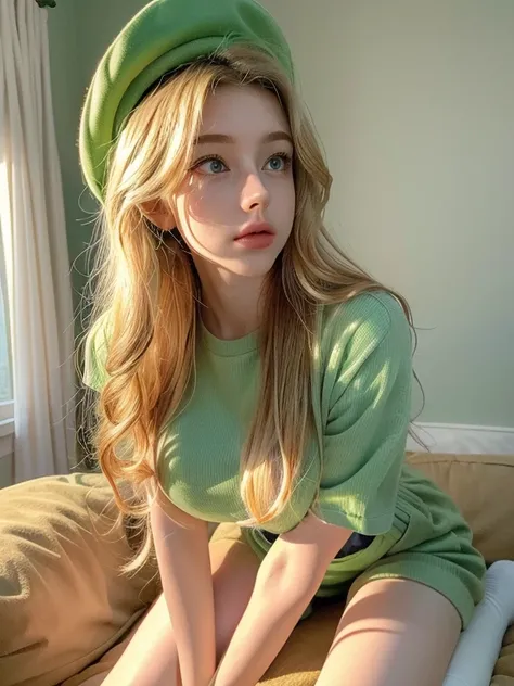 1 girl, (girl cosplaying as Luigi), (a girl dressed as Luigi has blond wavy hair and pale Blue big eyes:1.4, very beautiful slightly narrow face, is wearing Luigis green Casquette:1.2, a green shirt, blue overalls, and white gloves), (wearing a fake mousta...