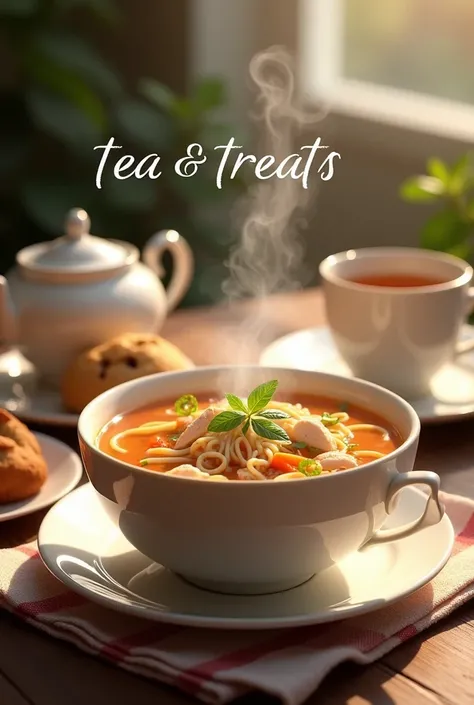 Chicken noodles Image with a  text " Tea & Treats"

