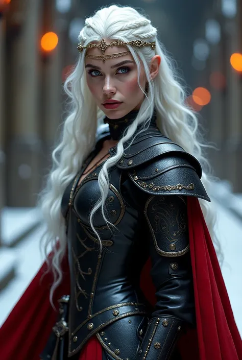  with wavy white hair,side braids,beautiful colar, Targaryen women hairstyle,beautiful gold tiara, Red and black dress, ((better qualitative)) , (detailed), Visenya Targaryen Dazzling, Black Dragon Armor, Black Sword, Lilith inside a church, deep, shiny me...