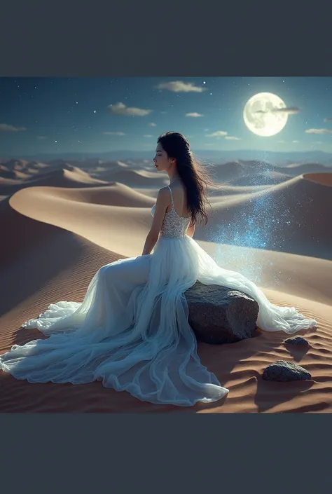 A beautiful Asian woman sits elegantly on a rock in the middle of a vast desert. Sand dunes stretching into the distance, The moonlight sprinkles gently, She is surrounded by a magical light, Illuminating the ethereal scene. Her delicate features and flowi...