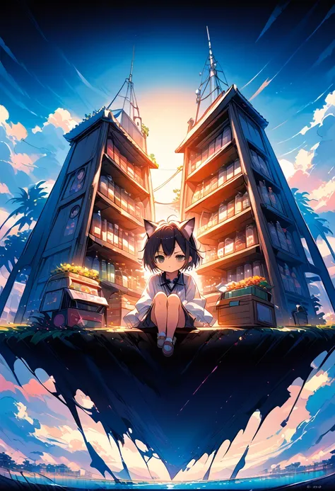 anime girl with cat ears sitting on a shelf and looking at the sky, anime drawings, inspired by makoto shinkai, trending on pixi...