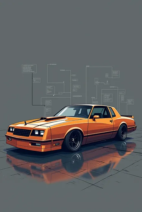 Deep learning model flowchat in colour of a dark grey with bronze 1986 chevy monte carlo ss, 2 door, pop art, cartoonish style , sketch, detailed illustration, slammed to the ground, large black staggered wheels, wide bodykit, masterpiece, highly detailed ...