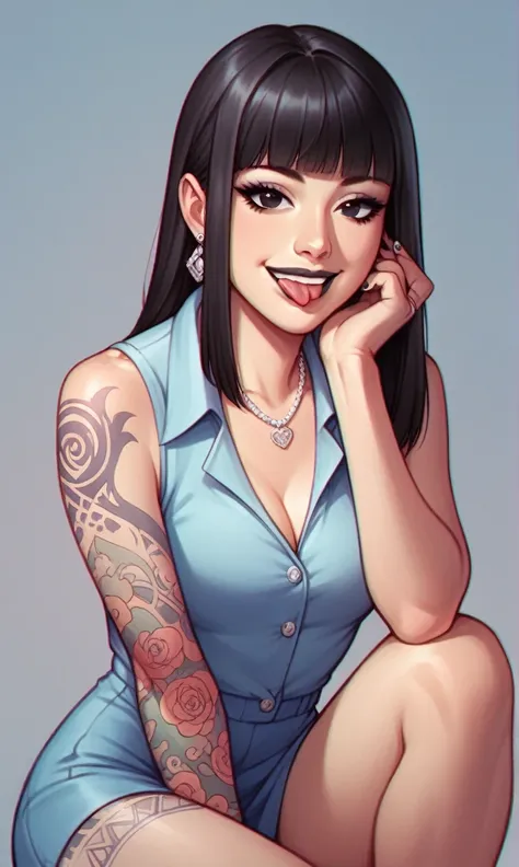 score_9, score_8_up, score_7_up,  1girl, simplified background, Asian, mafia business outfit, , sunny, lovely, hime cut hair, gentle smile, black lips, black eyes, tattoos on legs, tongue out, 
