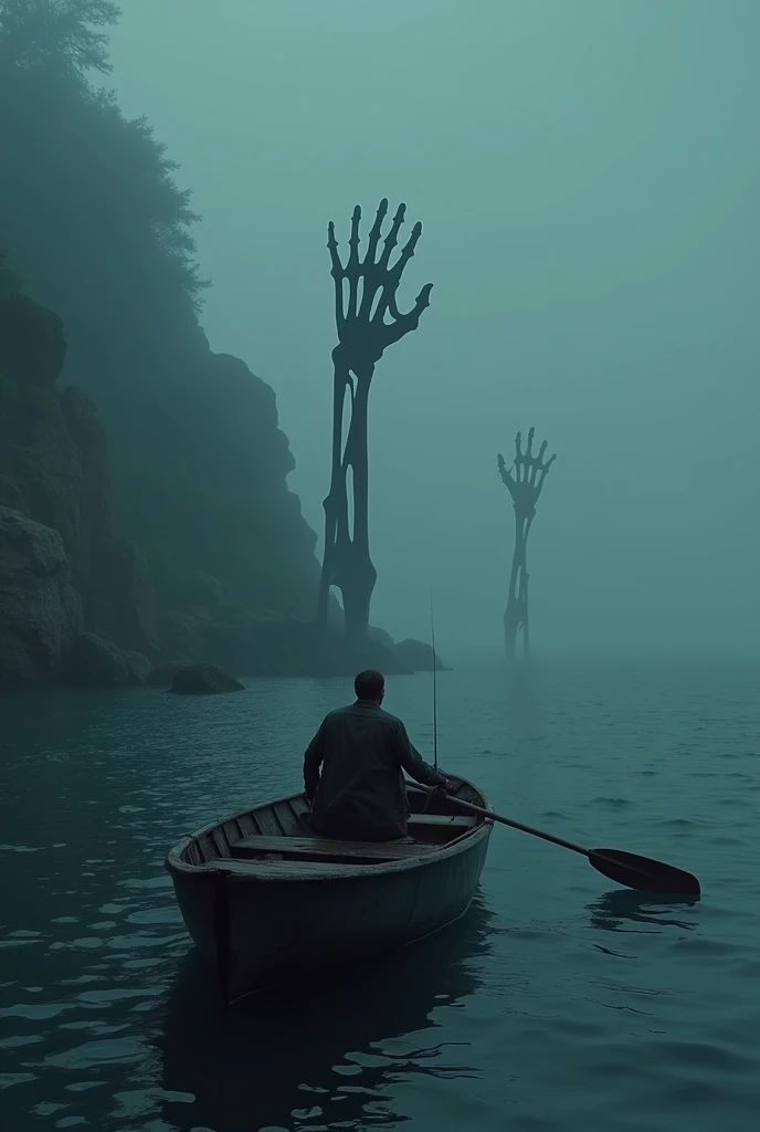 "At the edge of the island, a fisherman in a small boat watches in horror as a skeletal hand emerges from the dark water, trying to grab him. Beneath the surface, spirits float, obscured by the night’s fog."ultra realistic, 4k