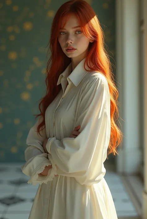 Name Victoria Nationality Russian Appearance Deep red hair waist-length straight white and gold locks Golden eyes with emerald blur Pale skin Height 1.67 clothing a white long-sleeved shirt a loose skirt down to the knees black heeled boots beautiful and p...