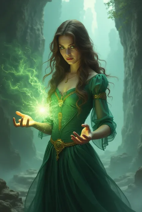 A brown-haired, green-eyed woman is casting a spell.