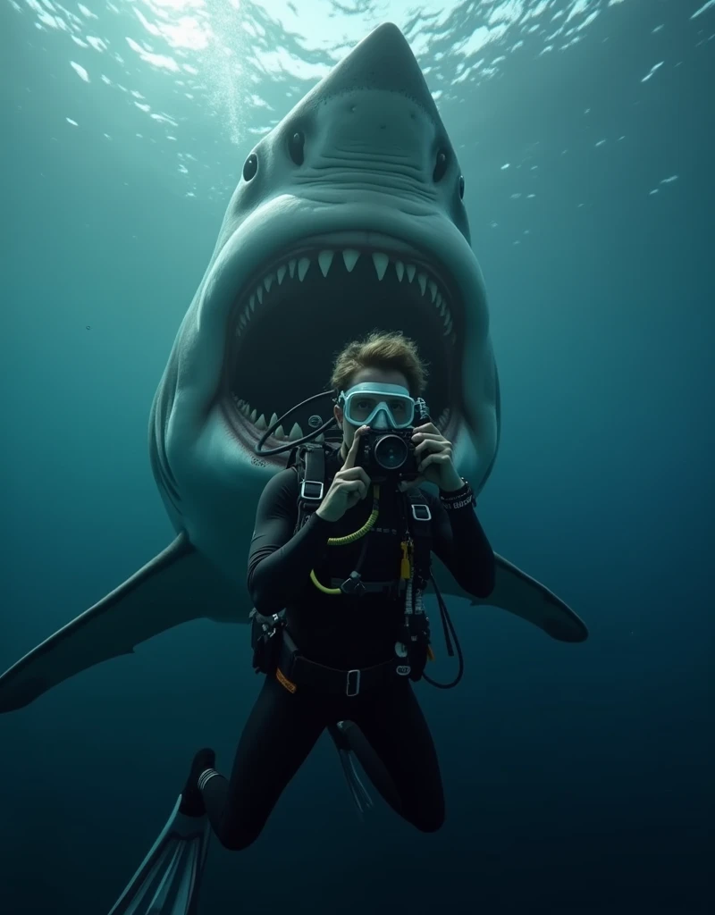 Create a diver with a diving mask and full diving equipment looking forward taking a selfie and behind the diver a huge white shark coming towards the diver with its mouth open and full of teeth, high resolution, high quality, HD, black background