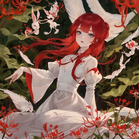 A beautiful Korean woman with smooth white skin with long blonde red hair and blue eyes was sitting among a beautiful and spectacular garden of red and spider lilies. The girl wore a shoulder-length transparent dress, covered chest, balloon sleeves, with t...