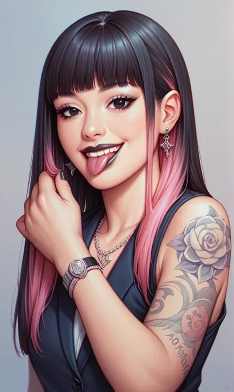 score_9, score_8_up, score_7_up,  1girl, simplified background, Asian, mafia business outfit, , sunny, lovely, hime cut hair, gentle smile, black lips, black eyes, tattoos on legs, tongue out, hd, detailed, highlights,
