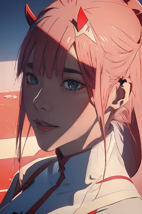 sambanekostyle, masterpiece, best quality, very aesthetic, absurdres, simple background,
zero two (darling in the franxx),  1, mature female, (adult:1.4), red little horns, solo, rock, moon,close up, from above, 
