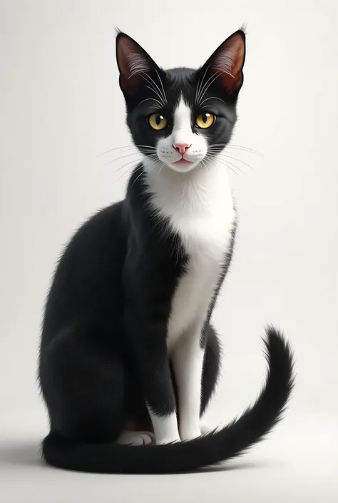 A single half-black, half-white cat sitting on the left half of the frame, fully visible. The cat is shown in full detail, from head to tail, with bright lighting that highlights its fur and whiskers. The composition is minimalist, focusing entirely on the...