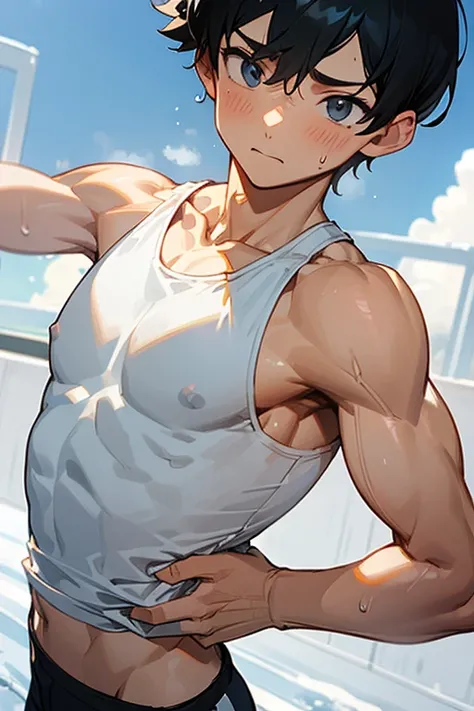 (Snowfield)、Tight tank top、White tank top、Shorts、Black Hair、Short Hair、Primary school students、man、sweat、After Running、Abdominal muscles、Pectoral muscles、Deltoids、Back muscles