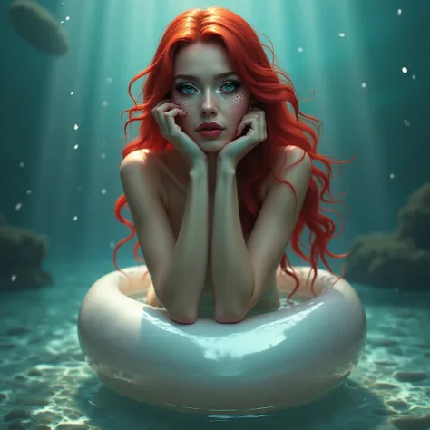 Mermaid beauty with mermaid makeup her red  hair floating in water sitting on a pearl 