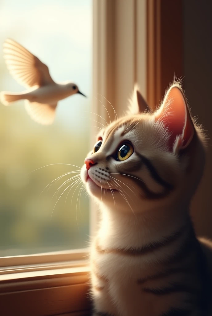 A cat with big eyes staring at a bird flying by the window