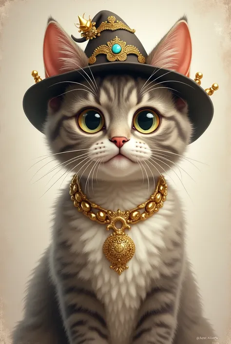 A cat with big eyes wearing a hat and a gold necklace