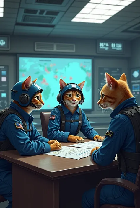 Bipedal kitten、Kitten Cat Beastman、Close to human、Wearing blue camouflage clothing、Background of the airfield、Background of the American Air Force Base、A scene of a meeting、(複数の種類のKitten Cat Beastmanが4人いる)、War Room Background、Wearing a helmet with a radio ...