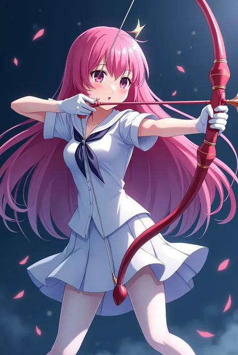 Night，Pink long hair anime girl，White short-sleeved school uniform，White pleated skirt，White gloves，white pantyhose，Holding a magic bow，Shooting stance