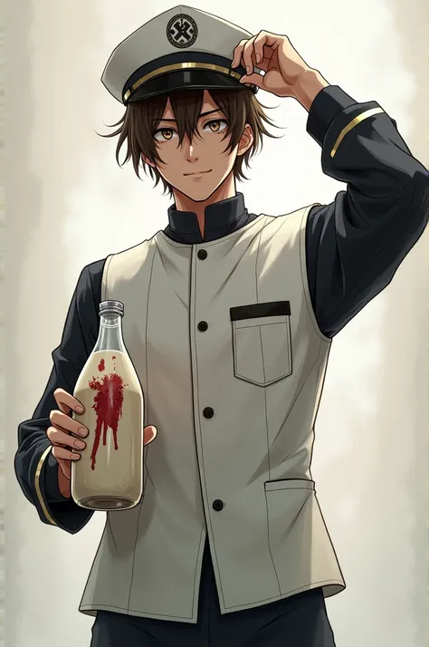 A milkman in a traditional white uniform with black or dark blue accents. He wears a white jacket with silver or white buttons, slightly stained with blood splatters. The jacket has a stitched, simple milk bottle logo on the breast pocket, reflecting his p...