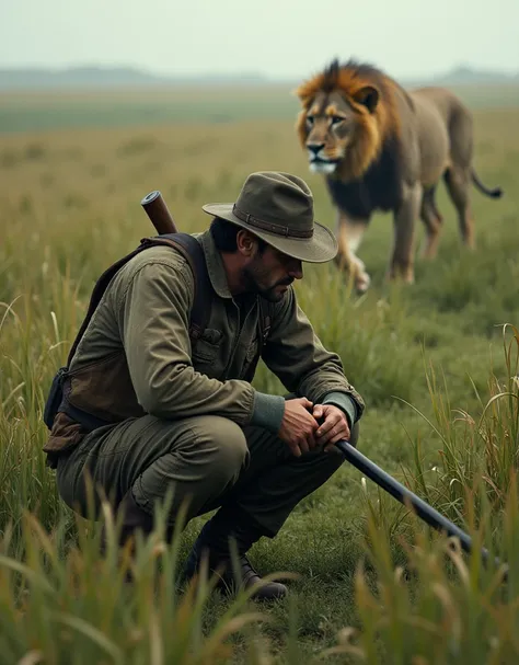 Create a hunter crouched with the boxes lowered, shitting while leaning on the shotgun and behind him in the middle of the tall grass a lion slowly approaching from behind the hunter , high resolution, high quality, HD, vivid colors