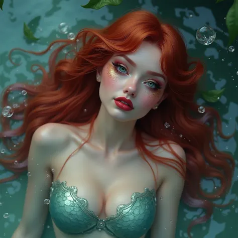 Mermaid beauty with mermaid makeup her red  hair floating in water laying on a ground water