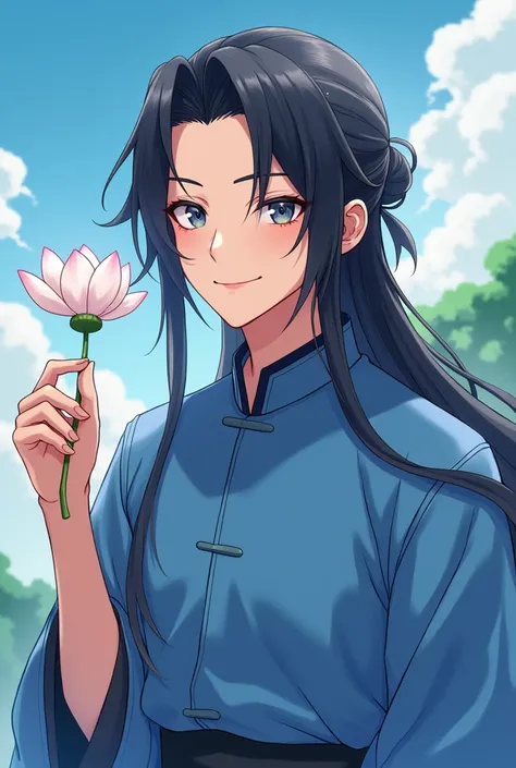 An extrovert man, Chinese style hair bangs parted in the middle and hanging over his ears, Long hair black color, gray eyes wearing a blue clan shirt, One of his hands holds a white lotus flower while smiling, Chinese style Full body anime