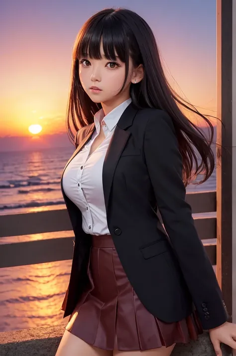 ((high quality)), ((Sunset background:1.3)), (Detailed face), (Side light),(One girl), (Bust Up),(black髪),(Heavy bangs), skirt、blazer、white、black、red、