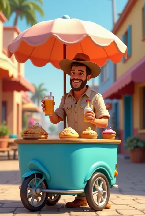 Disney Pixar Man Selling Pastry on Blue Snack Bike , with a parasol and a safari hat ,holding a pastel with one hand ,and with the other hand holding a glass of juice