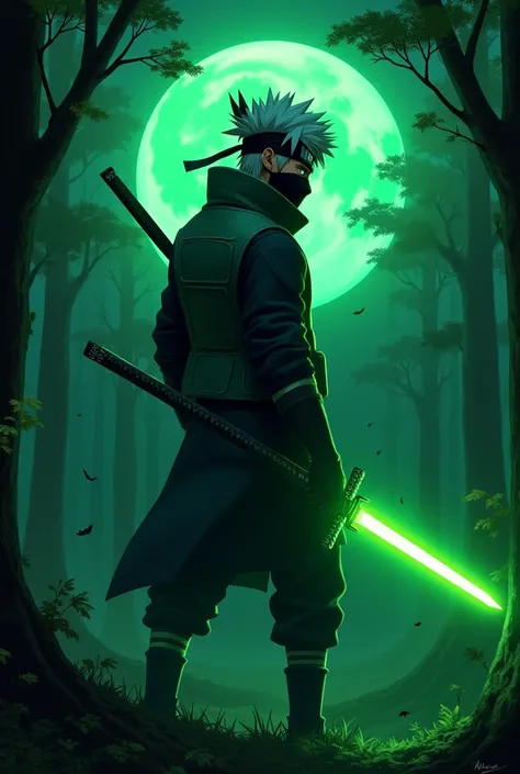 Kakashi green colour neon with sword in hand background in forest at night under the green moonlight with killer pose only upper body
