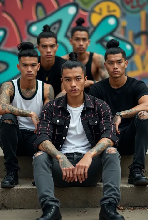 Cinematic photo of 5 handsome Thai men with bun haircuts, 2 with neat black hair, piercing black eyes. He wore a black checked shirt over a white t-shirt, ripped jeans and black shoes.. seluruh tubuh bertato, Her confident expression and striking features ...