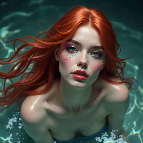 Mermaid beauty with mermaid makeup her red  hair floating in water laying on a ground water