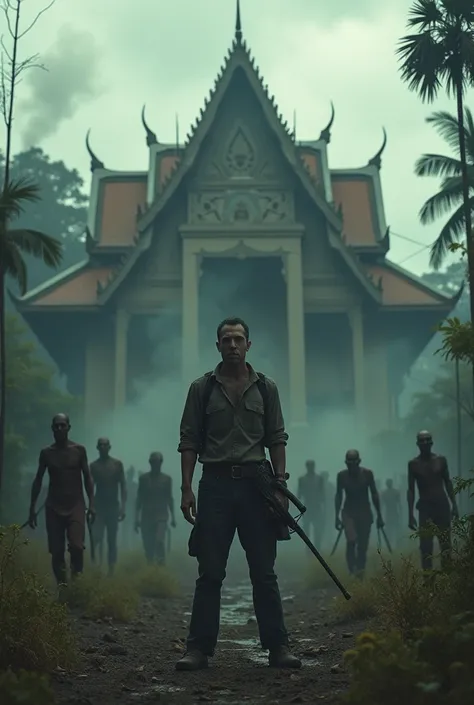 "A dramatic scene of a zombie apocalypse in Thailand. In the center, a lone man stands with a determined look, gripping a weapon, surrounded by chaos. The backdrop features a traditional Thai temple, partially destroyed, with smoke rising and overgrown veg...