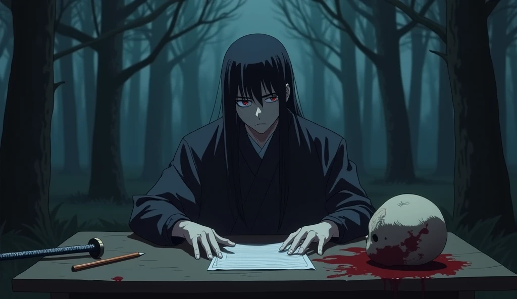 Create an anime-style, samurai boy figure with an emotionless expression, dressed in an oni uniform. The samurai has long hair and is sitting behind a desk in a forest at night. The scene should be highly detailed, rendered in 8K quality, and viewed from a...