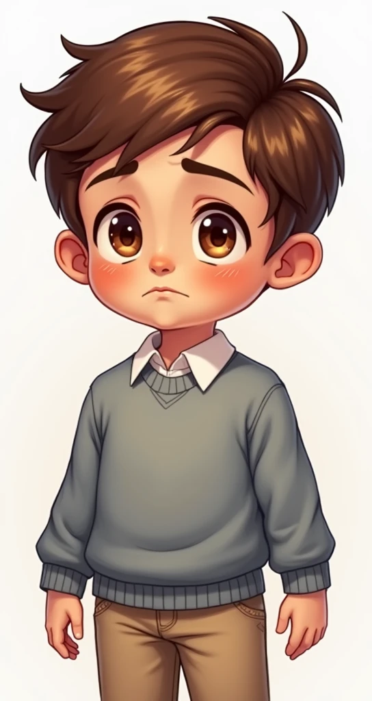 Image style realistic cartoon dun garcon de 8 ans. Il a les cheveux courts et chatains. Il a les yeux marrons. Il porte un pull bleu et un pantalon beige. Il est triste. 